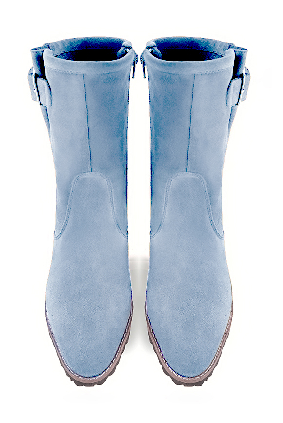 Sky blue women's ankle boots with buckles on the sides. Round toe. Medium block heels. Top view - Florence KOOIJMAN